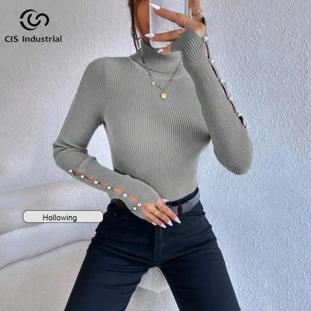 Customize Women's Hollowed Long-Sleeve Turtleneck Ribbed Slim-Fit Design Sweater