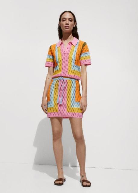 Custom Colorful Striped Crochet Drawstring Waist Summer Outfit Polo suit