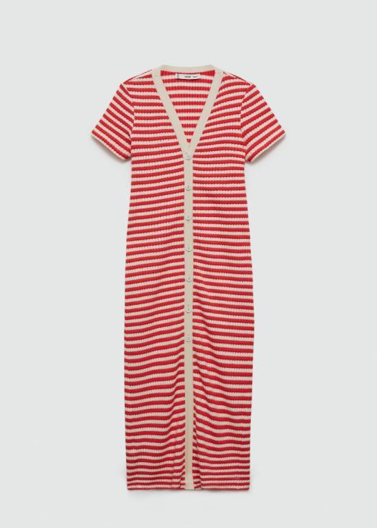 ODM Striped Knit Midi Dress – Button-Front Short-Sleeve Summer Dress