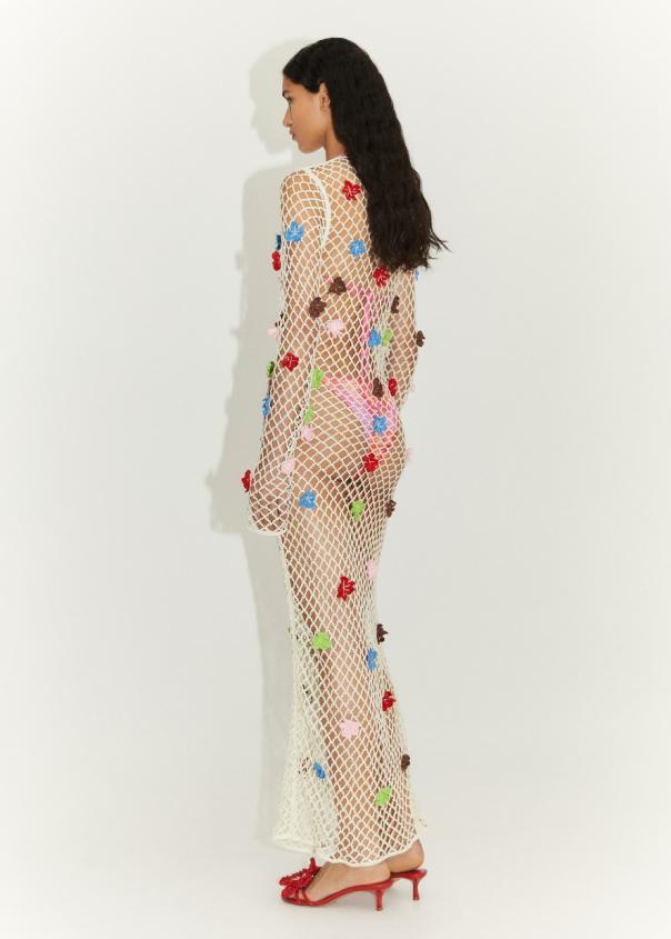 Custom Boho Crochet Maxi Cover-Up – Colorful Floral Embellished Beach Dress