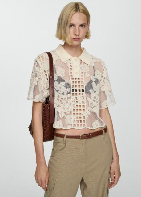ODM Floral Crochet Sheer Elegant Openwork Lace with Collar Detail Polo Top