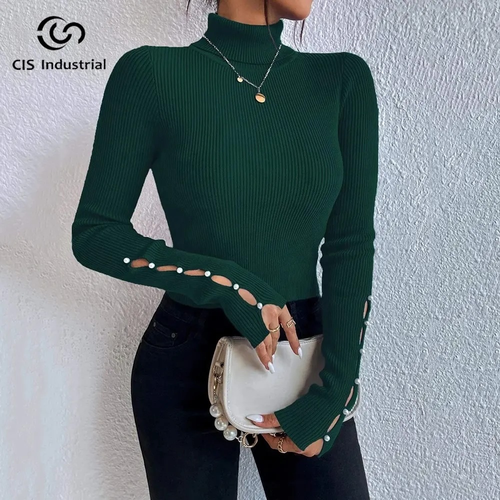 Customize Women's Hollowed Long-Sleeve Turtleneck Ribbed Slim-Fit Design Sweater