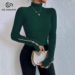 Customize Women's Hollowed Long-Sleeve Turtleneck Ribbed Slim-Fit Design Sweater