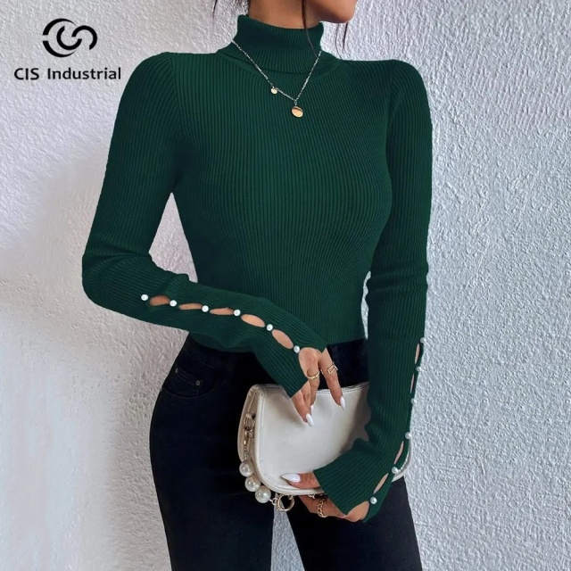 Customize Women's Hollowed Long-Sleeve Turtleneck Ribbed Slim-Fit Design Sweater