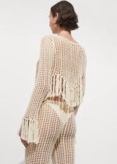 Factory Bohemian Fringe Crochet Set – Long-Sleeve Crop Top and High-Waisted Wide-Leg Pants