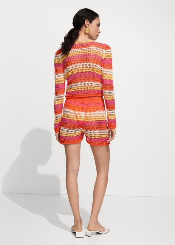 Factory Multicolor Crochet Knit Set – Long-Sleeve Crop Top and High-Waisted Shorts