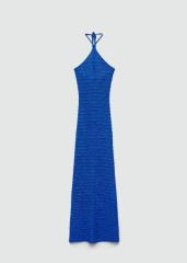 Customize Elegant Blue Halter Neck Ribbed Knit Evening Gown Maxi Dress
