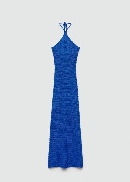 Customize Elegant Blue Halter Neck Ribbed Knit Evening Gown Maxi Dress