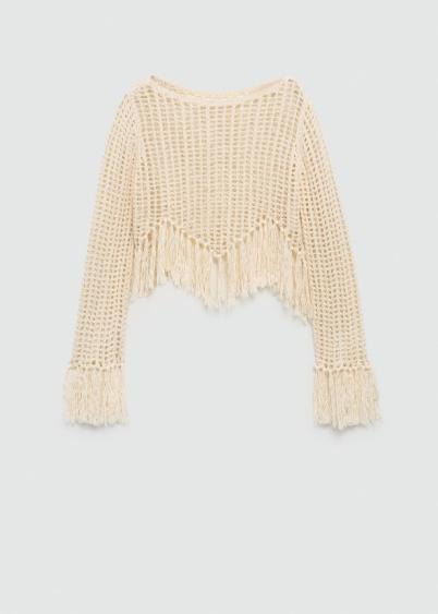 Factory Bohemian Fringe Crochet Set – Long-Sleeve Crop Top and High-Waisted Wide-Leg Pants
