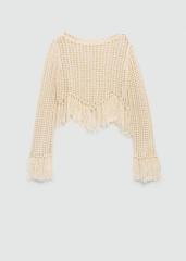 Factory Bohemian Fringe Crochet Set – Long-Sleeve Crop Top and High-Waisted Wide-Leg Pants