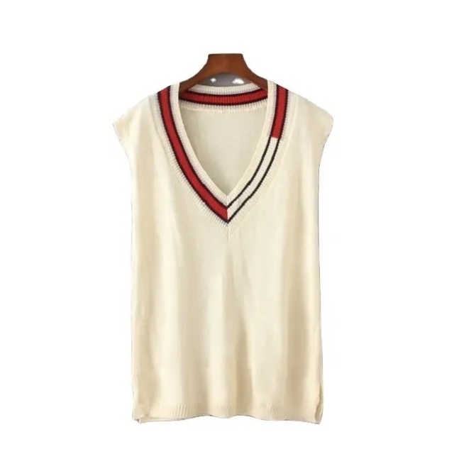 Customize Unisex Cream with Red and Black Trim Classic V-Neck Sweater Vest uniform