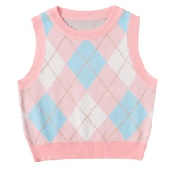 ODM Girls’ Argyle Pastel Pink, Blue, and White Knit Sweater Vest Uniform