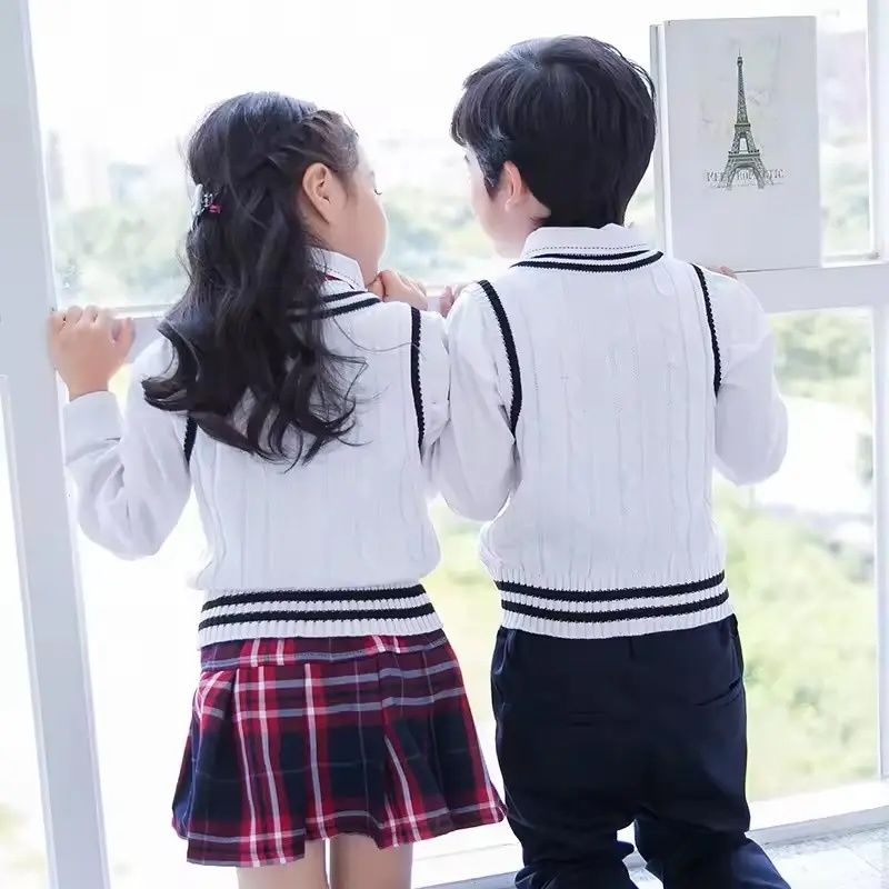 Custom Girls' Classic School Uniform White Knit V-Neck Sweater Vest