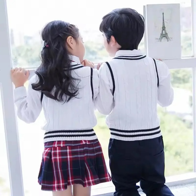 Custom Girls' Classic School Uniform White Knit V-Neck Sweater Vest