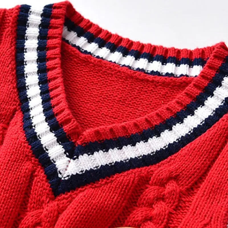 Custom Children’s Red V-Neck with White and Navy Trim Knit Sweater Vest