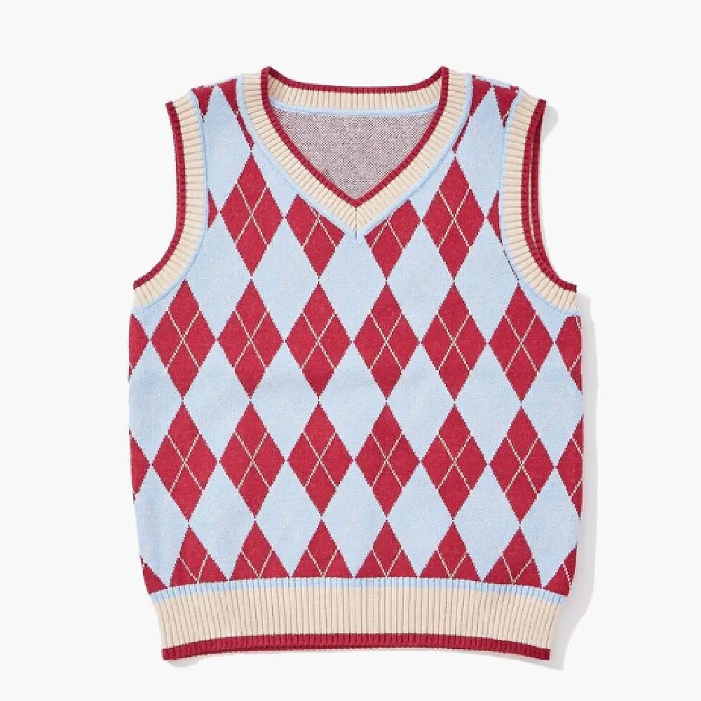 ODM Girls’ Argyle Pastel Pink, Blue, and White Knit Sweater Vest Uniform