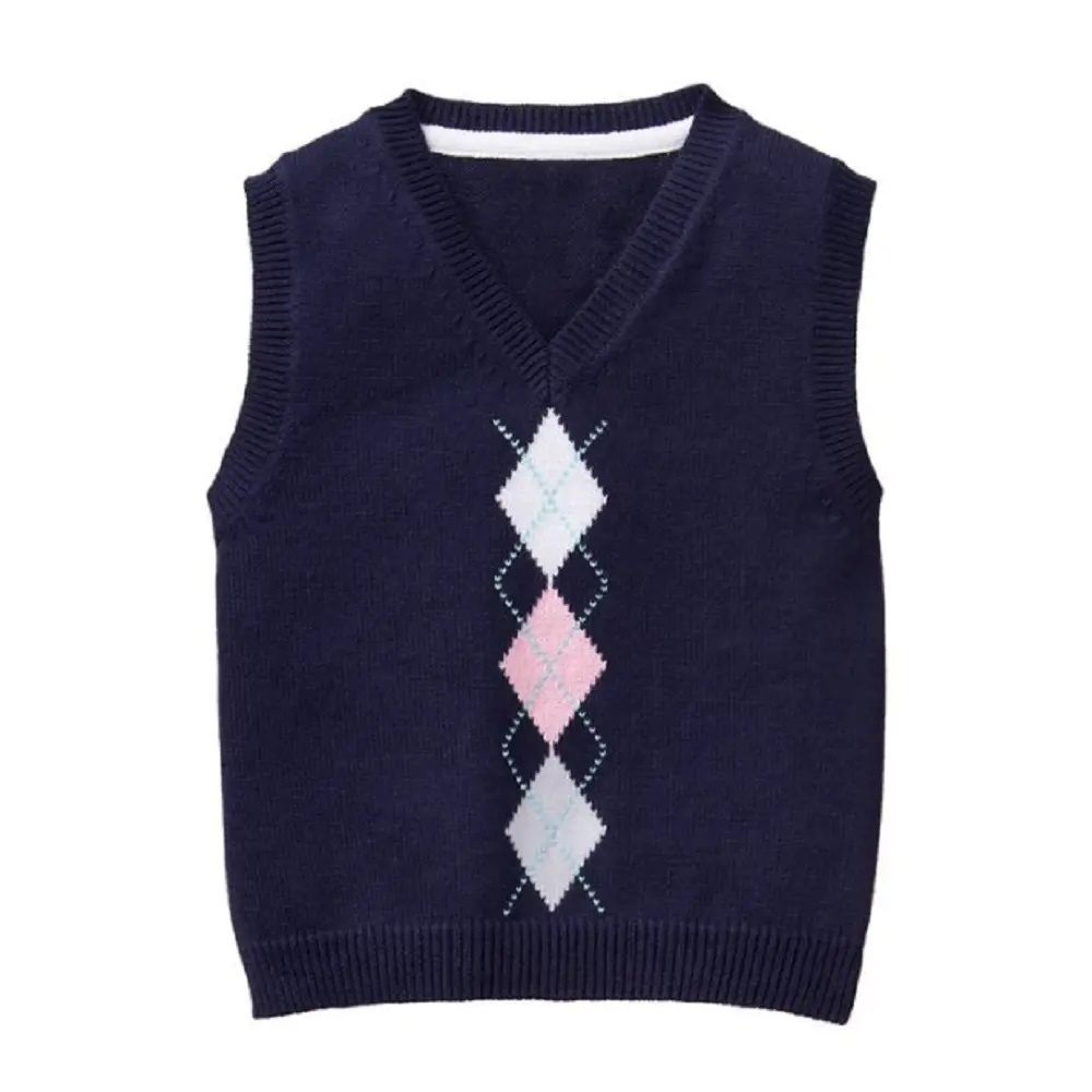 ODM Girls’ Argyle Pastel Pink, Blue, and White Knit Sweater Vest Uniform