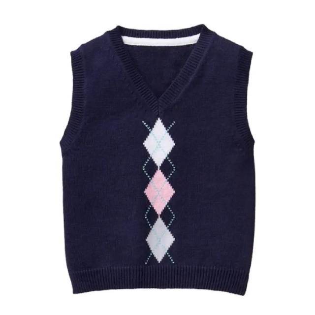 ODM Girls’ Argyle Pastel Pink, Blue, and White Knit Sweater Vest Uniform