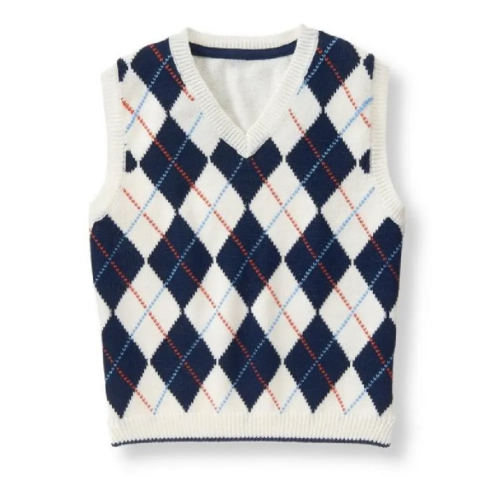 ODM Girls’ Argyle Pastel Pink, Blue, and White Knit Sweater Vest Uniform