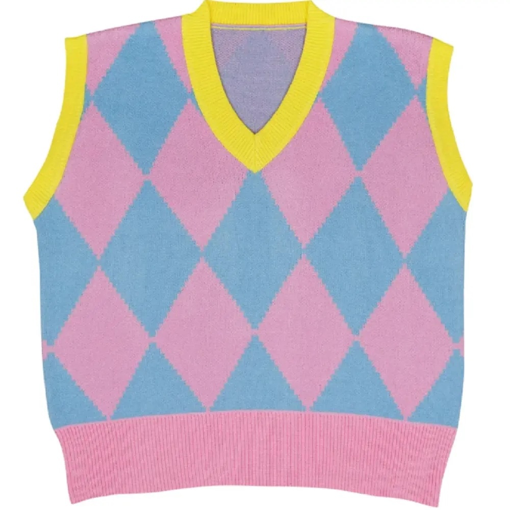 ODM Girls’ Argyle Pastel Pink, Blue, and White Knit Sweater Vest Uniform