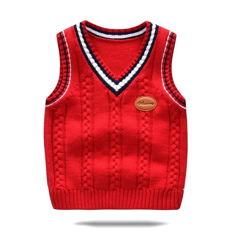 Custom Children’s Red V-Neck with White and Navy Trim Knit Sweater Vest