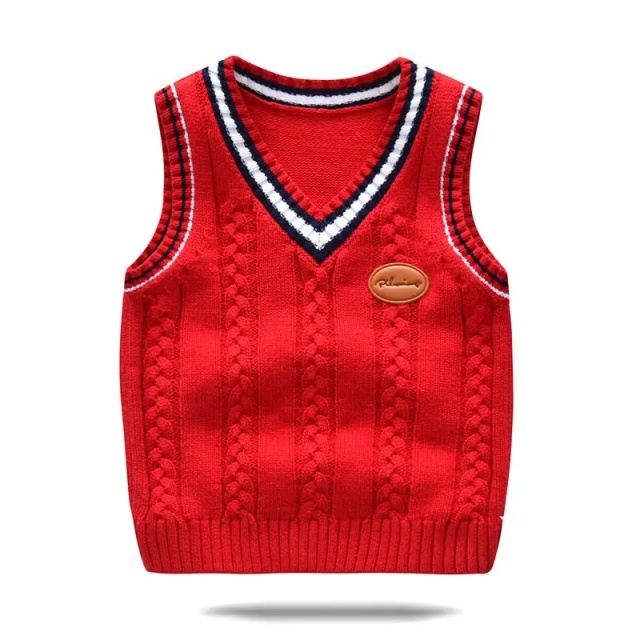 Custom Children’s Red V-Neck with White and Navy Trim Knit Sweater Vest