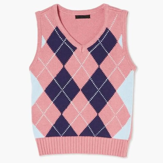 ODM Girls’ Argyle Pastel Pink, Blue, and White Knit Sweater Vest Uniform