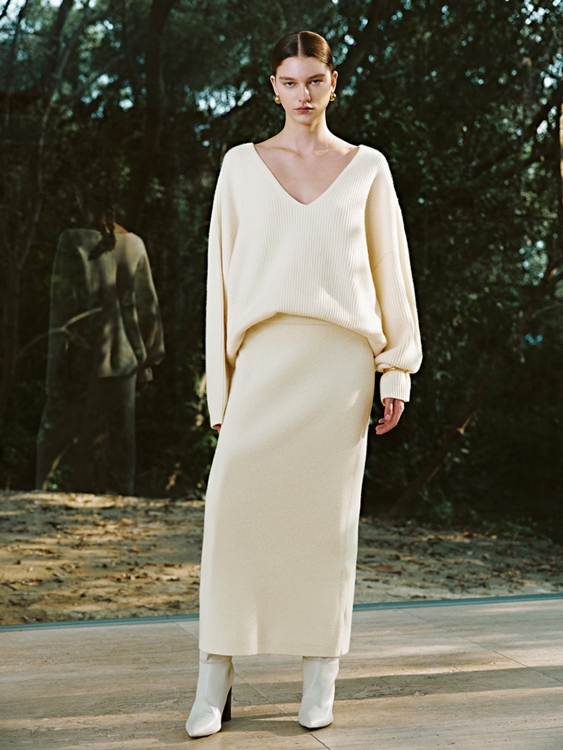 Factory Women's Ribbed Knit Sweater and Maxi Skirt Set in Cream
