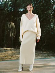 Factory Women's Ribbed Knit Sweater and Maxi Skirt Set in Cream