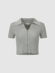 ODM Women's Ribbed Cropped Polo Shirt in Light Grey
