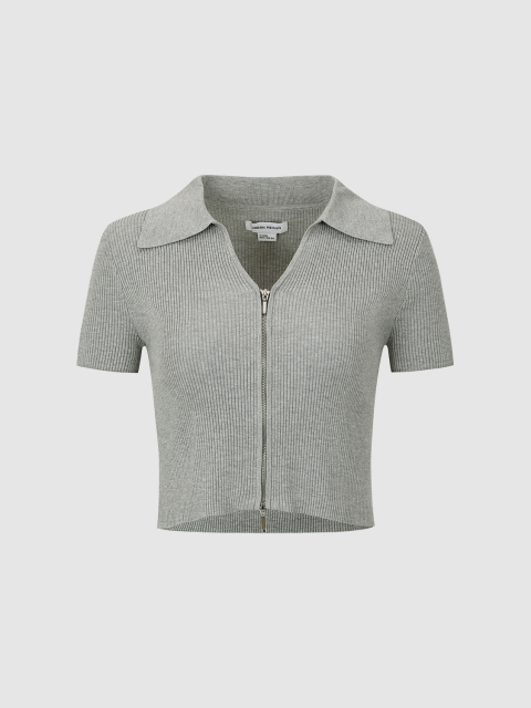 ODM Women's Ribbed Cropped Polo Shirt in Light Grey