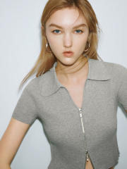 ODM Women's Ribbed Cropped Polo Shirt in Light Grey
