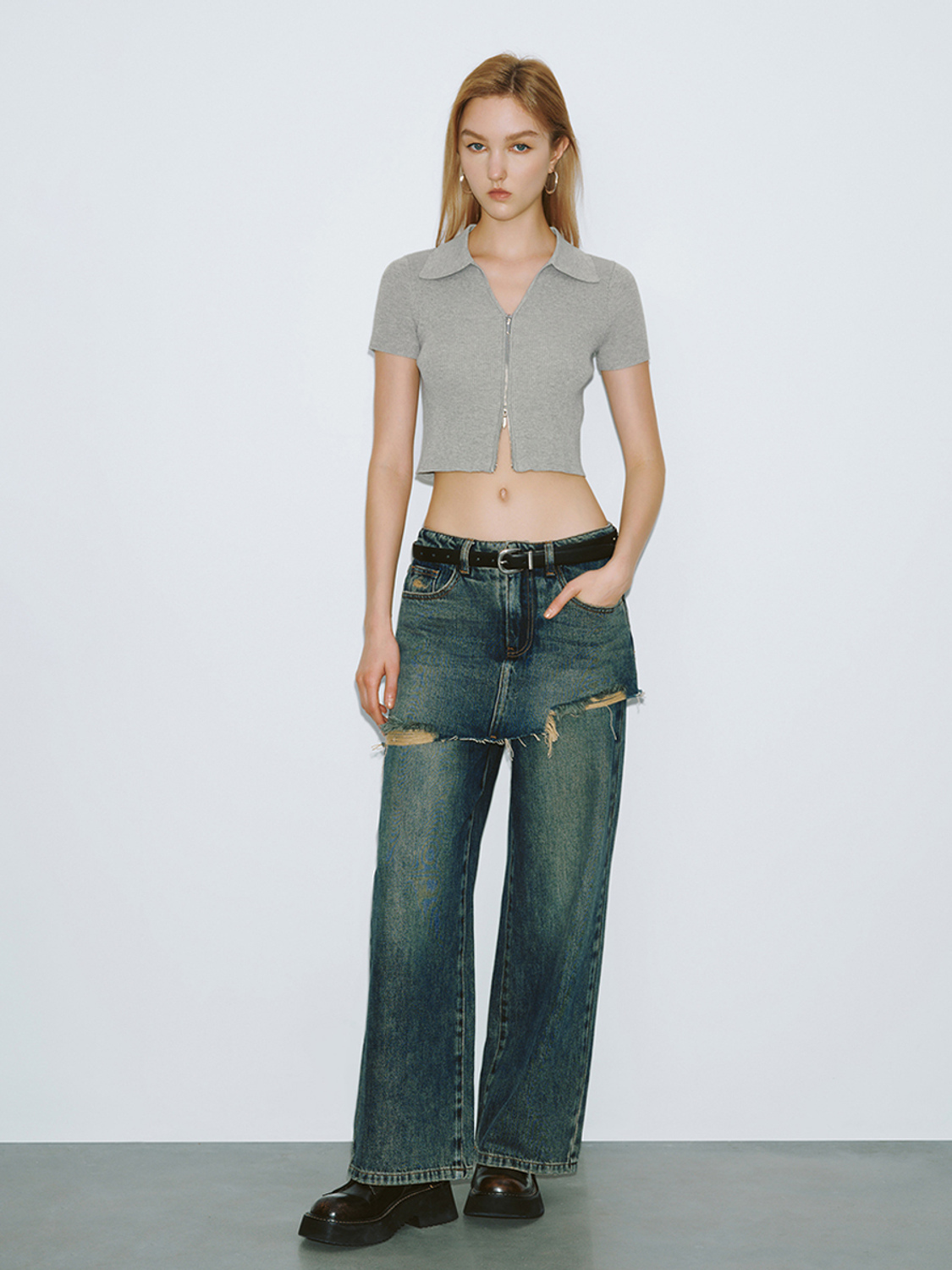 ODM Women's Ribbed Cropped Polo Shirt in Light Grey