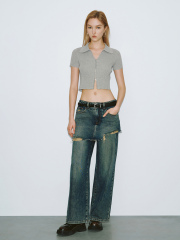 ODM Women's Ribbed Cropped Polo Shirt in Light Grey