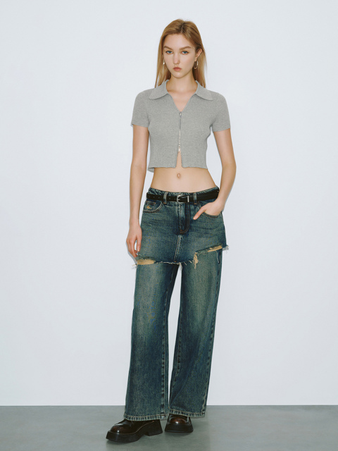ODM Women's Ribbed Cropped Polo Shirt in Light Grey