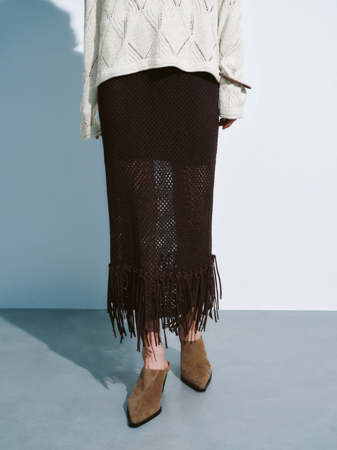 Factory Women's Crochet Fringe Midi Skirt