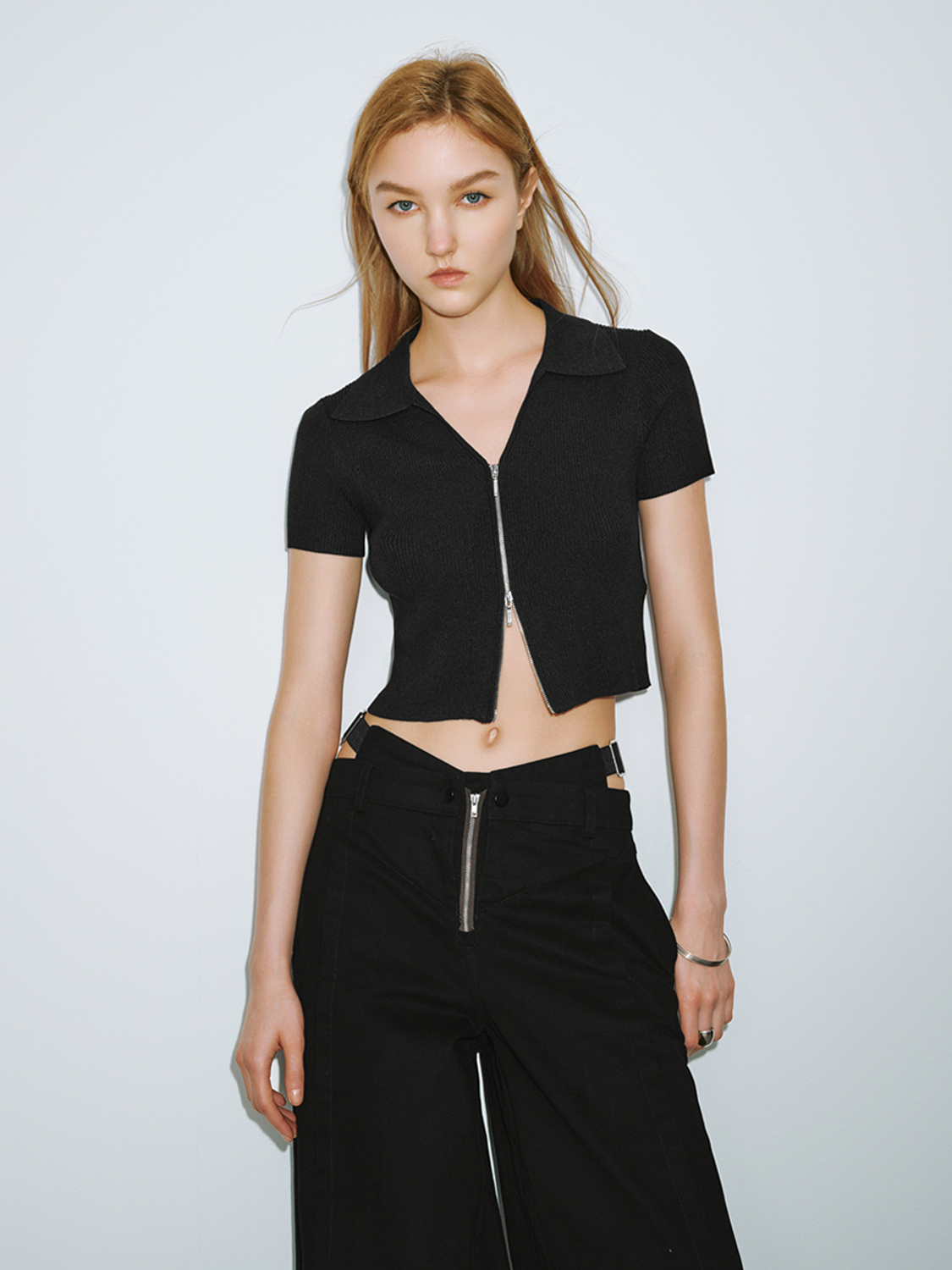 ODM Women's Ribbed Cropped Polo Shirt in Light Grey