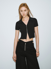 ODM Women's Ribbed Cropped Polo Shirt in Light Grey
