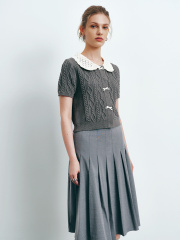 Factory Women's Cable-Knit Cardigan and Pleated Skirt Set in Grey