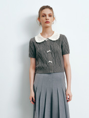 Factory Women's Cable-Knit Cardigan and Pleated Skirt Set in Grey