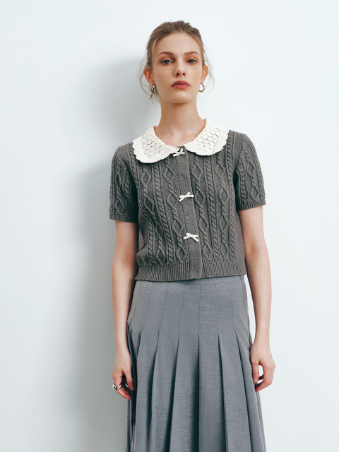Factory Women's Cable-Knit Cardigan and Pleated Skirt Set in Grey