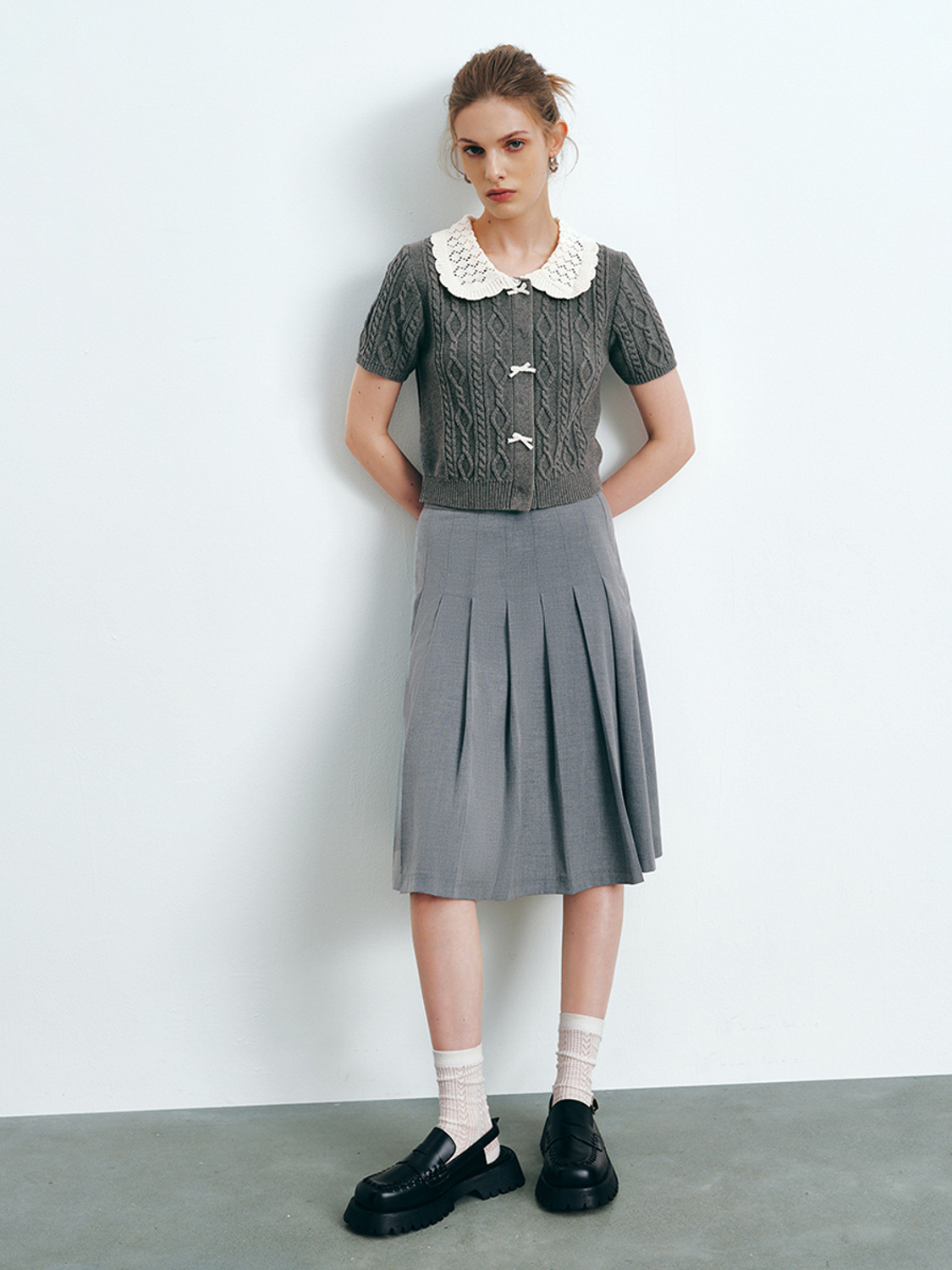 Factory Women's Cable-Knit Cardigan and Pleated Skirt Set in Grey