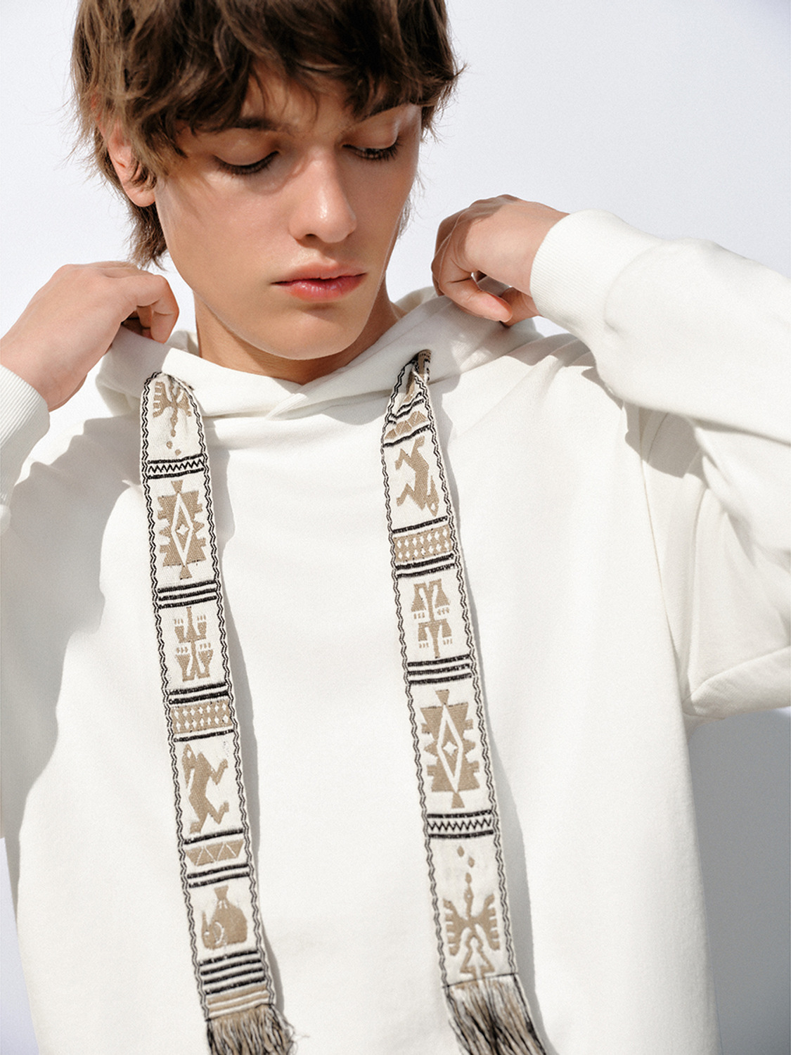 Custom Men's Boho-Inspired Hooded Sweatshirt with Decorative Drawstrings