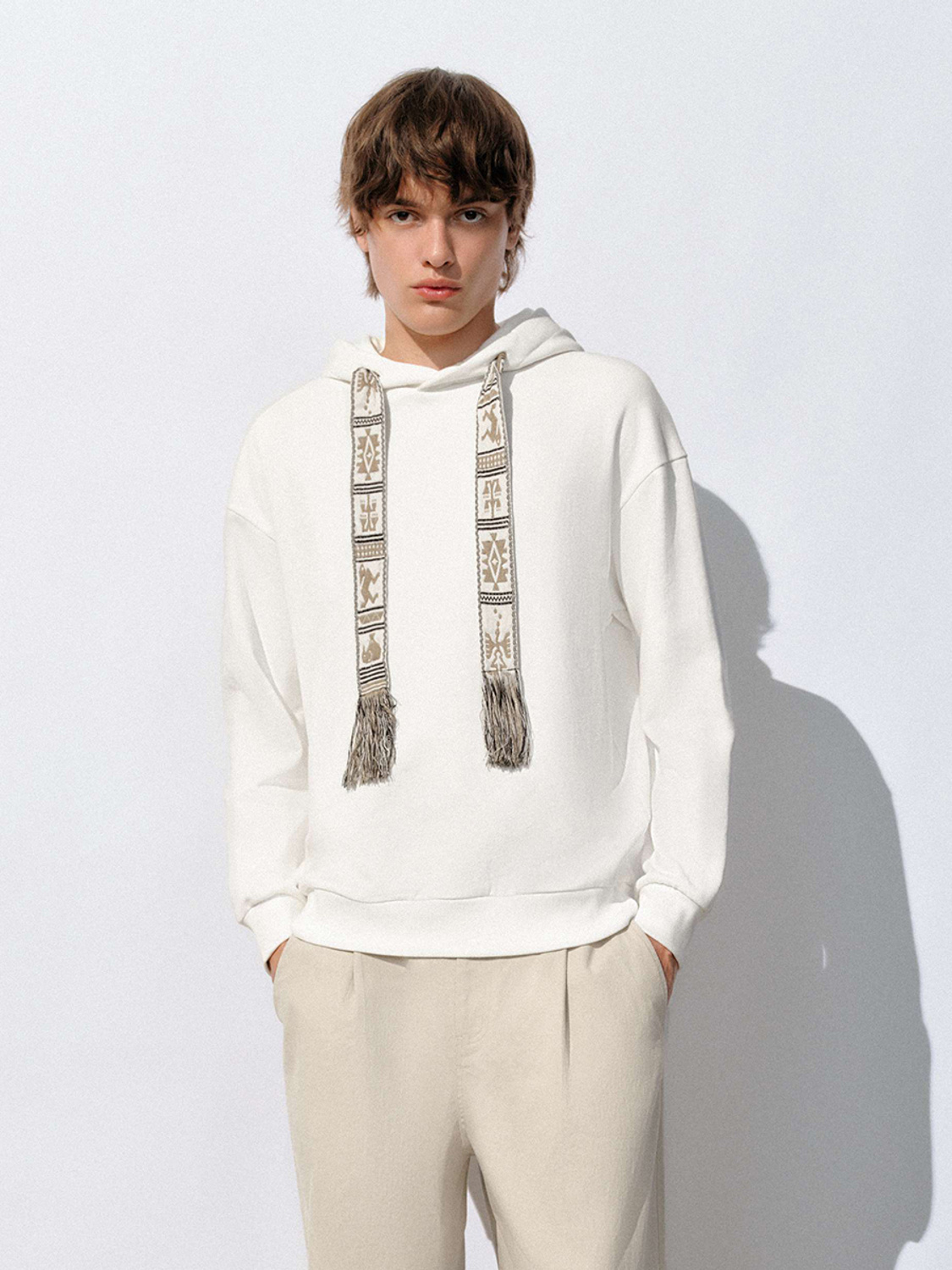 Custom Men's Boho-Inspired Hooded Sweatshirt with Decorative Drawstrings