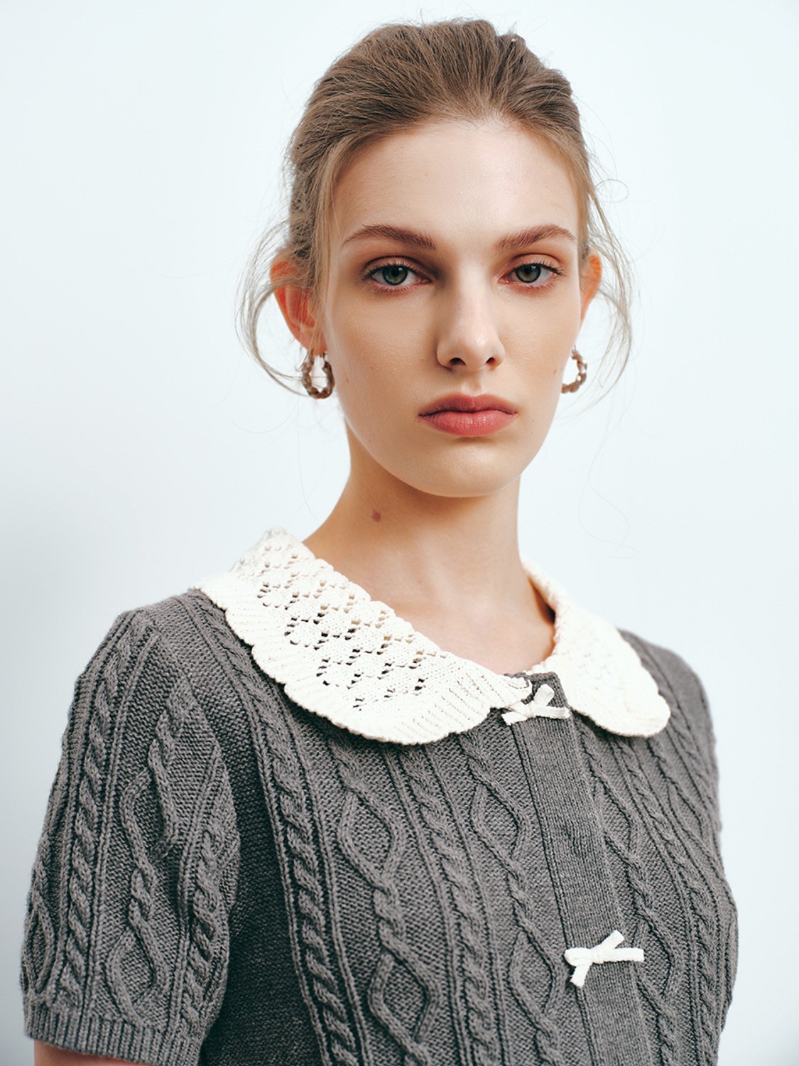 Factory Women's Cable-Knit Cardigan and Pleated Skirt Set in Grey