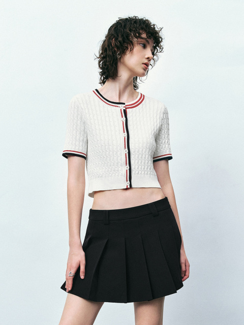 OEM Women's Cropped Knit Cardigan and Pleated Mini Skirt Set