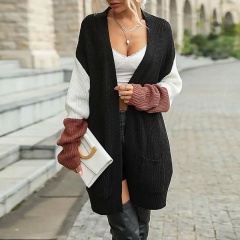 Customize Women’s Long Color-Block Open Front Cardigan - Black, White, and Brown