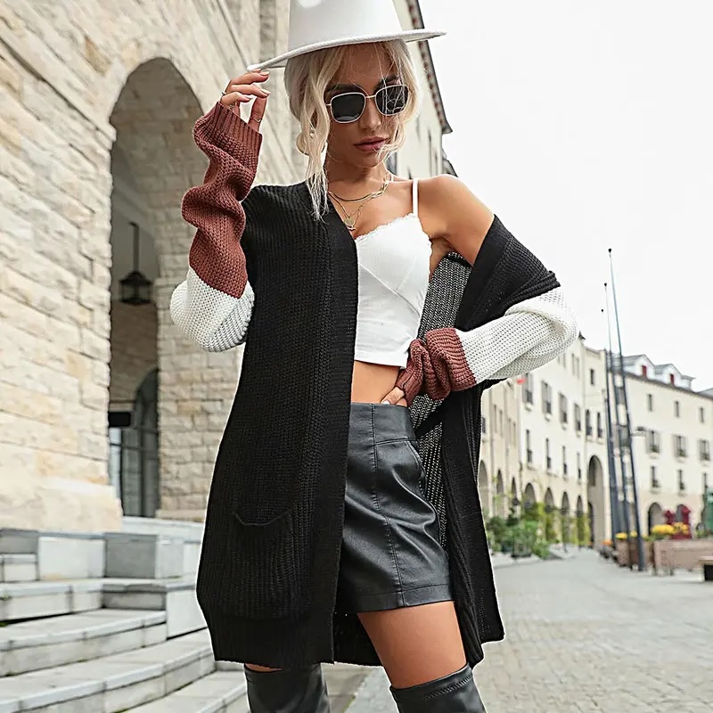 Customize Women’s Long Color-Block Open Front Cardigan - Black, White, and Brown