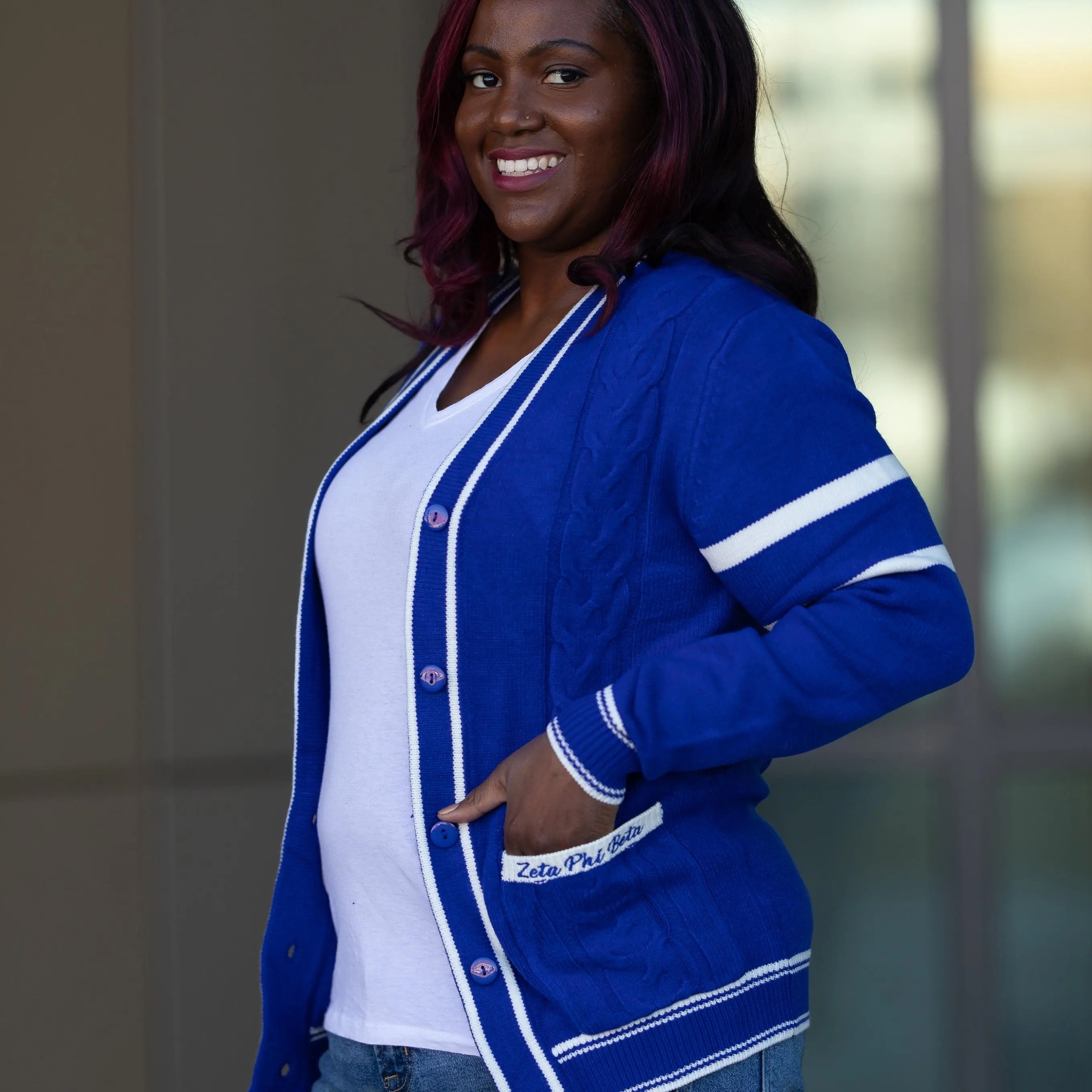 Custom Women’s Greek Letter Sorority Cardigan - Royal Blue with White Stripes