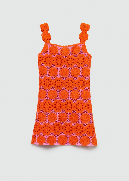 OEM Bold Orange and Pink Crochet Knit Floral Dress - Handmade Sleeveless Summer Dress